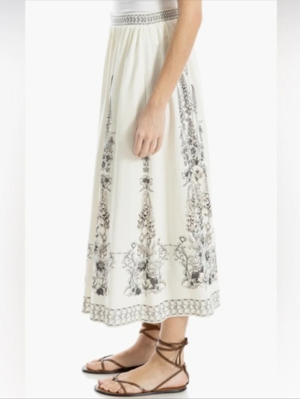Max Studio Cream Maxi Skirt w/Black Floral Border New Boho Business Casual Large - Picture 1 of 6